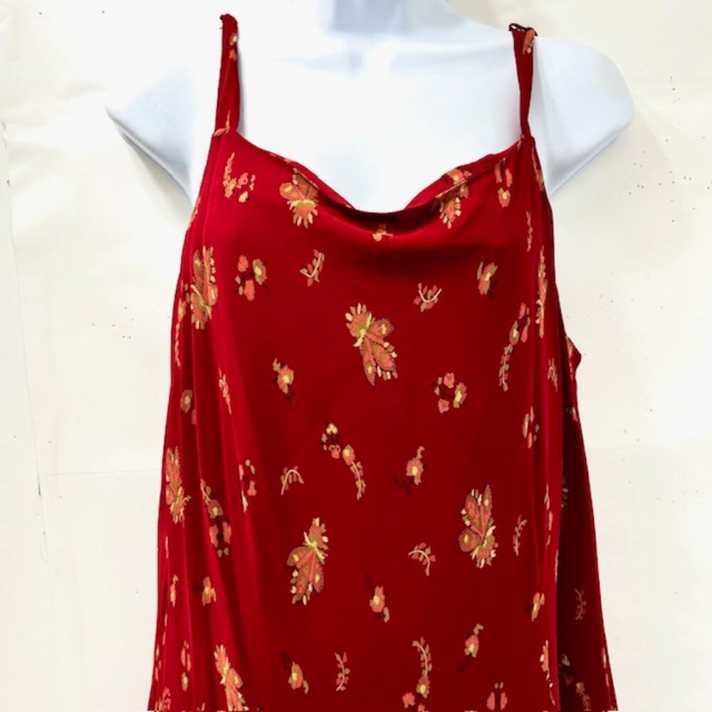 Preowned Eddie Bower casual dress, sheer polyester burgendy red floral Straps 18